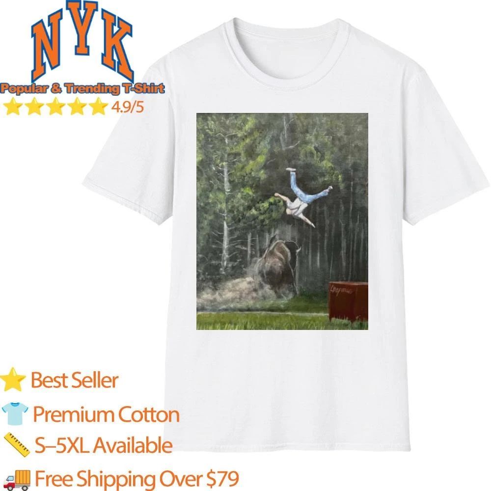 Man Flying Flipped By Charging Bison Painting Graphic Shirt