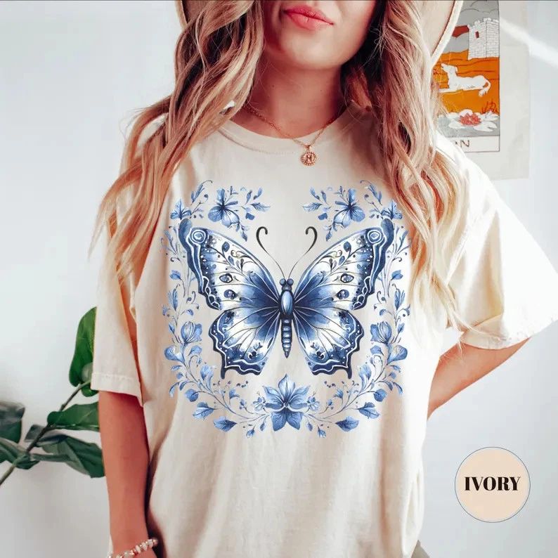 Bohemian Blue Butterfly Comfort Tee Womens Aesthetic Boho Soft Graphic Shirt Unisex , , , Long Sleeve Tee