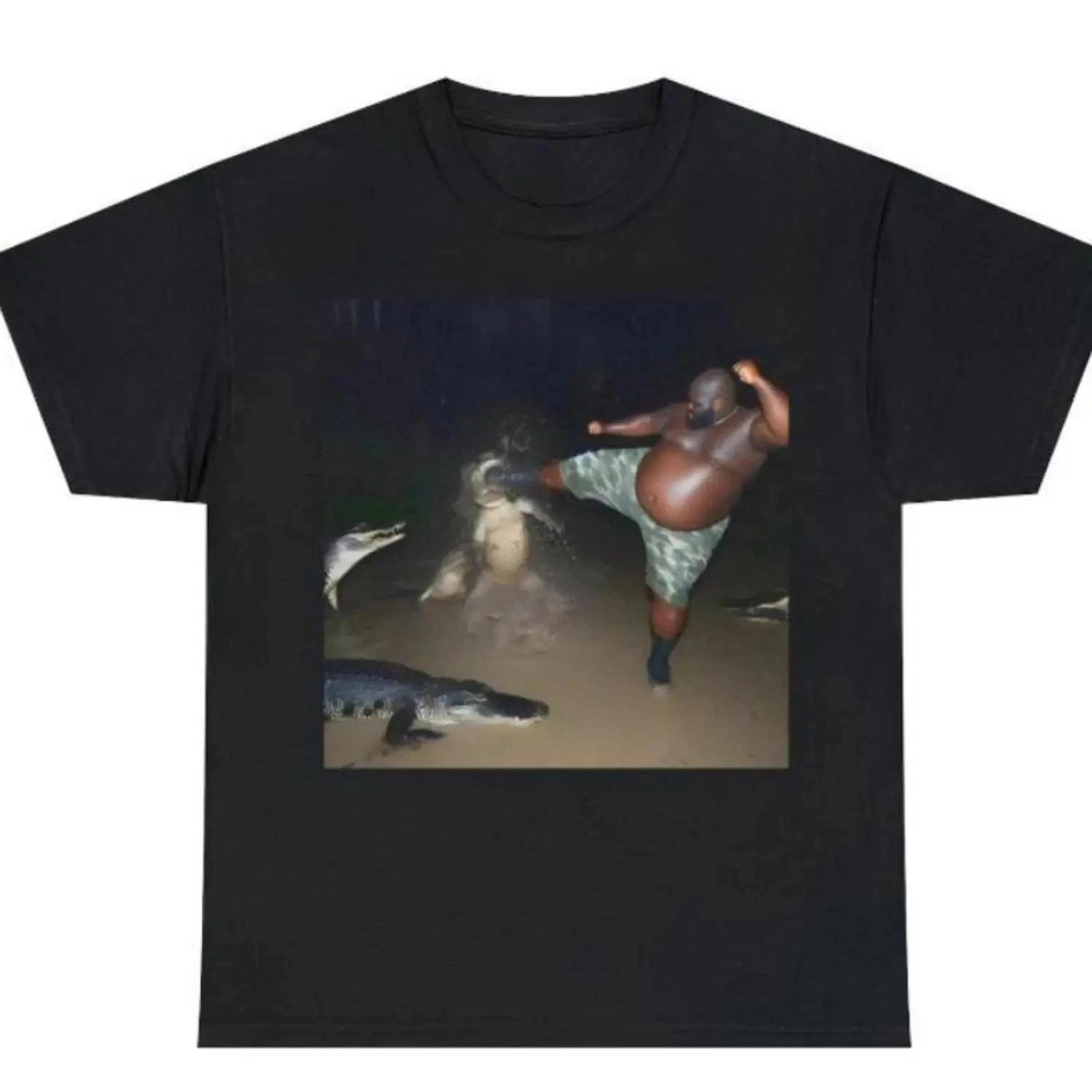 Man Kicks Alligator in Swamp TShirt Funny Meme Unisex Top Available in All Sizes Unisex , , , Long Sleeve Tee