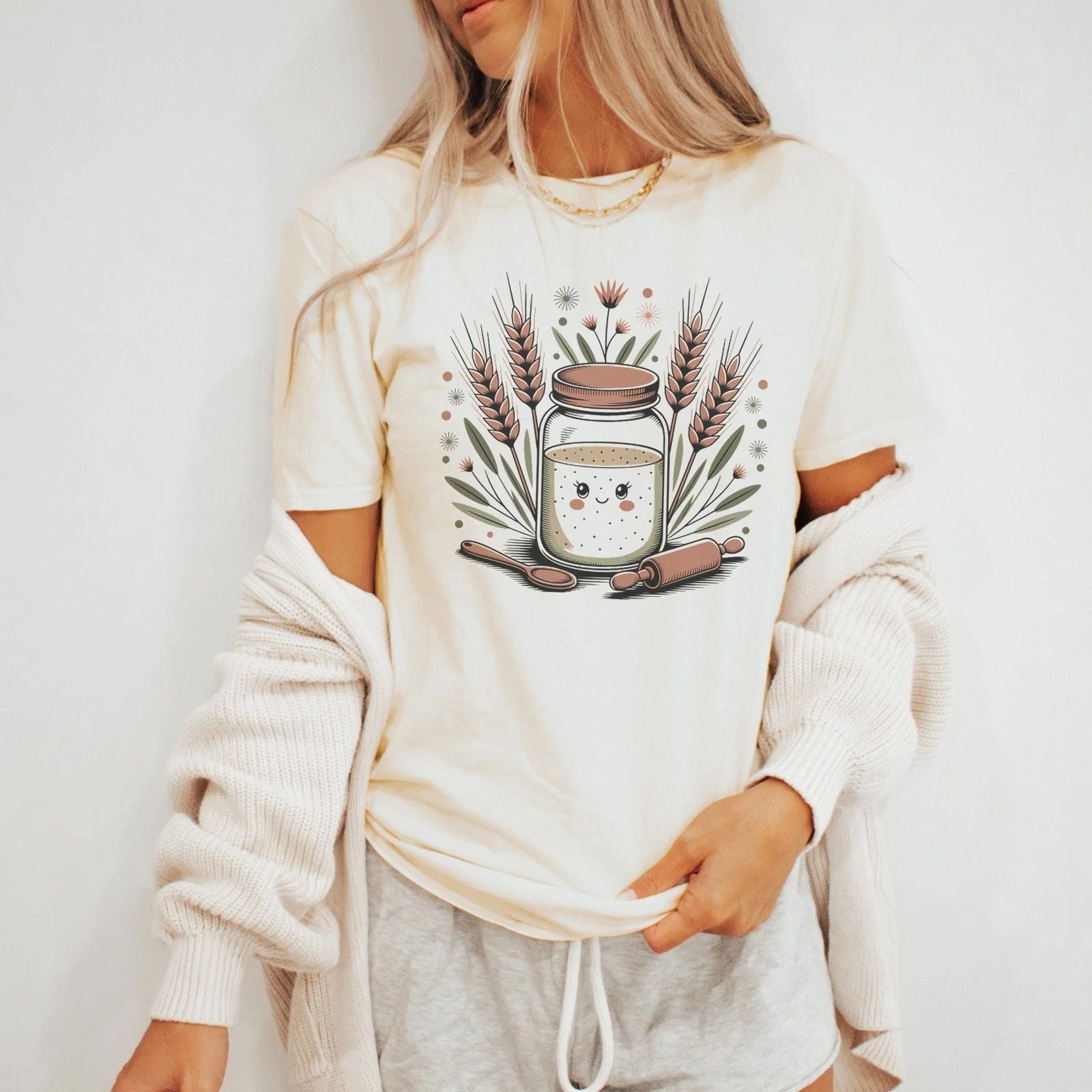 Boho Baking Jar Graphic Tee Hand-Drawn Style Kitchen Art Shirt Unisex , , , Long Sleeve Tee