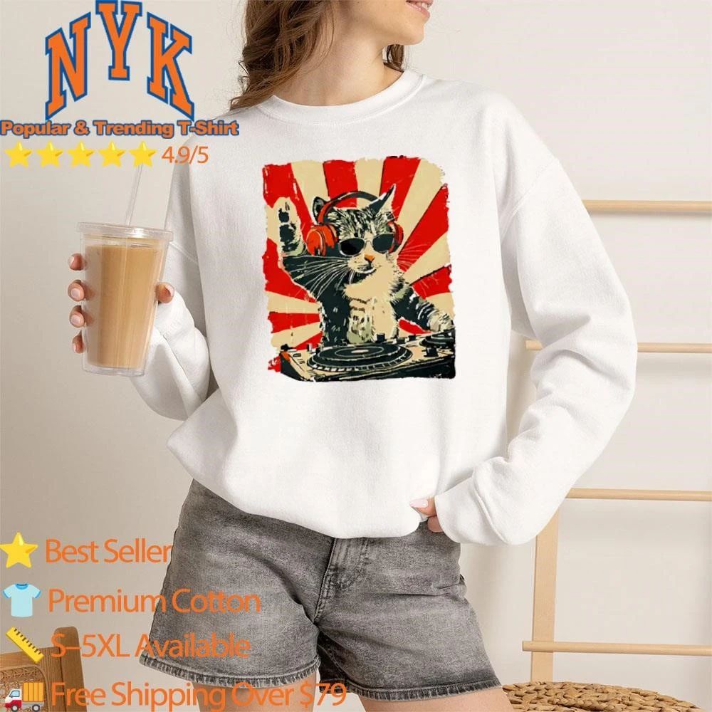 Vintage DJ Cat with Headphones Sunglasses and Retro Sunburst Japanese Style T Shirt