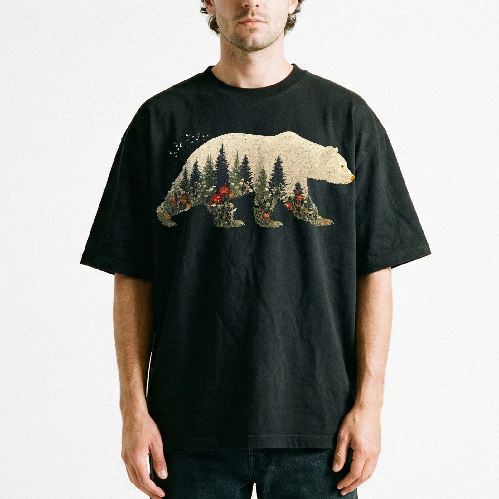 Cream Bear Wildflower Forest Birds Double Exposure Unisex Boho Lover Tee Unisex , , , Long Sleeve Tee