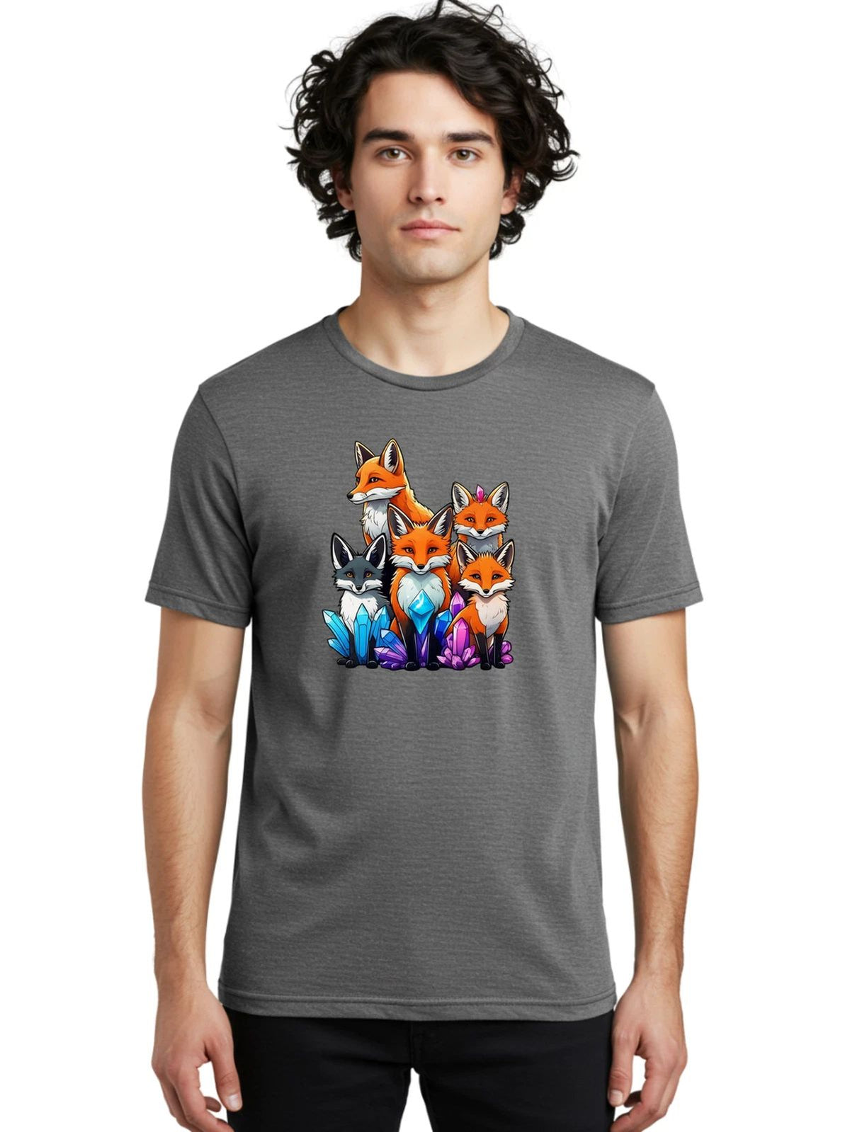 Five-Foxes-And-Crystals Mens Graphic Tee, 100% Cotton, Casual Summer Wear Unisex , , , Long Sleeve Tee