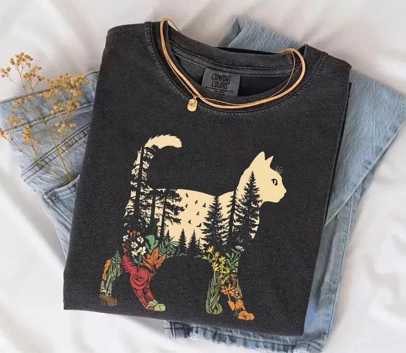 Boho Cat Plants Comfort Tee Shirt Cute Animal Lover Unisex , , , Long Sleeve Tee