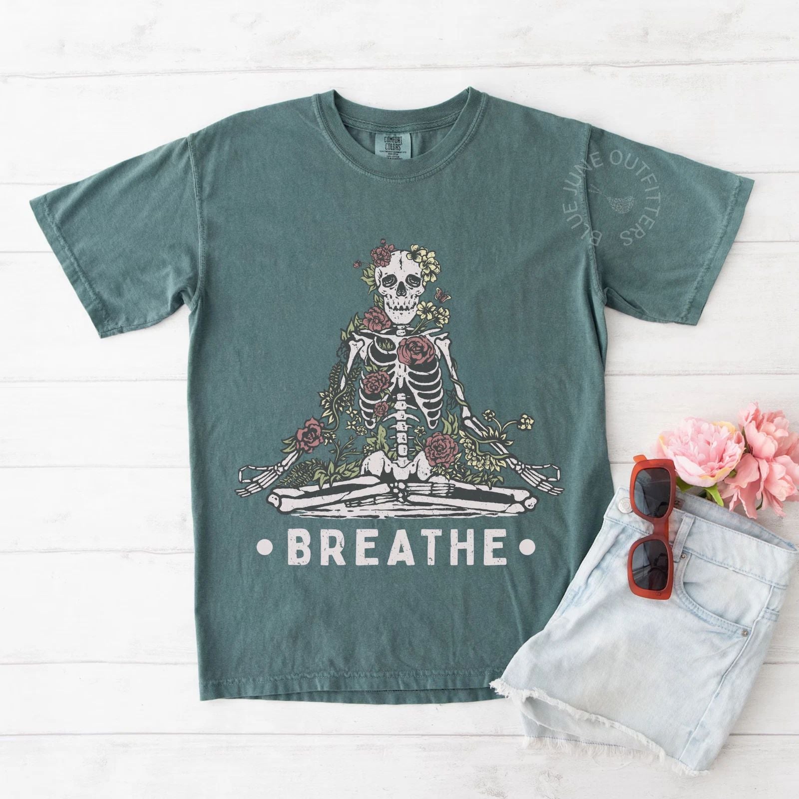 Breathe Botanical Meditating Skeleton Tee Spiritual Boho Gothic Comfort Colors Unisex , , , Long Sleeve Tee