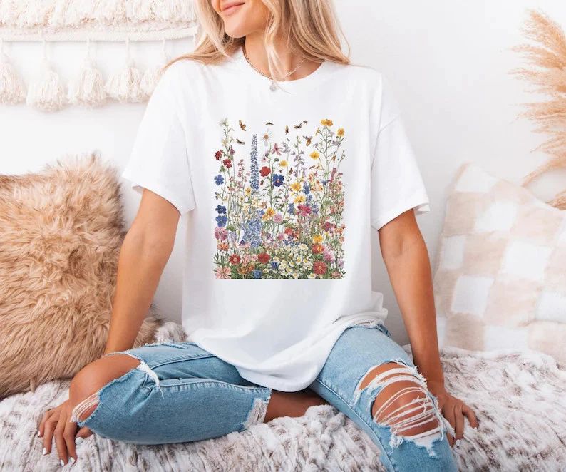 Vintage Pressed Flowers Comfort Tee Boho Style Shirt Gift Unisex , , , Long Sleeve Tee