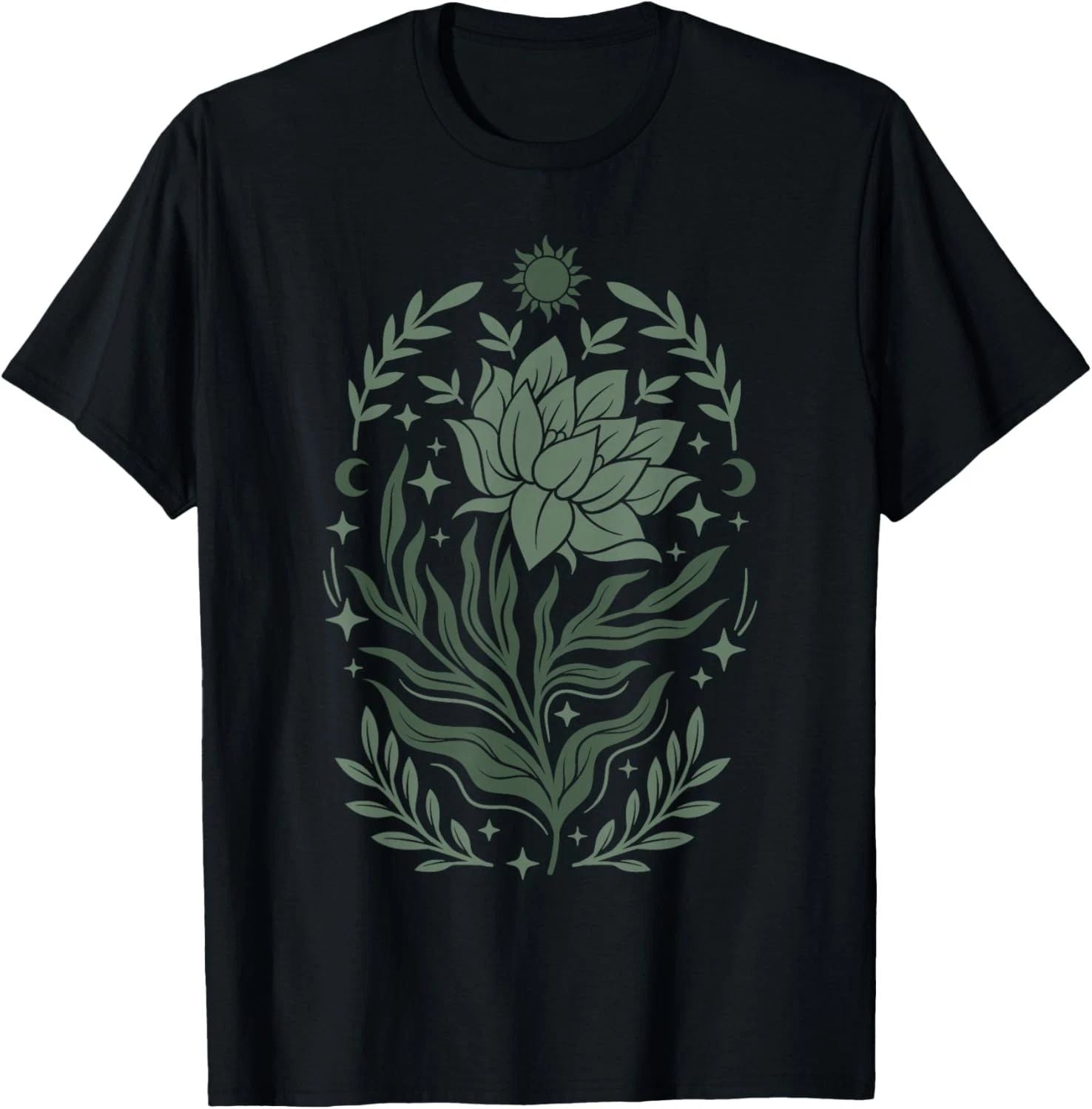 Sage & Green Flowers Sun Crescent Moon Boho Floral Celestial Unisex , , , Long Sleeve Tee