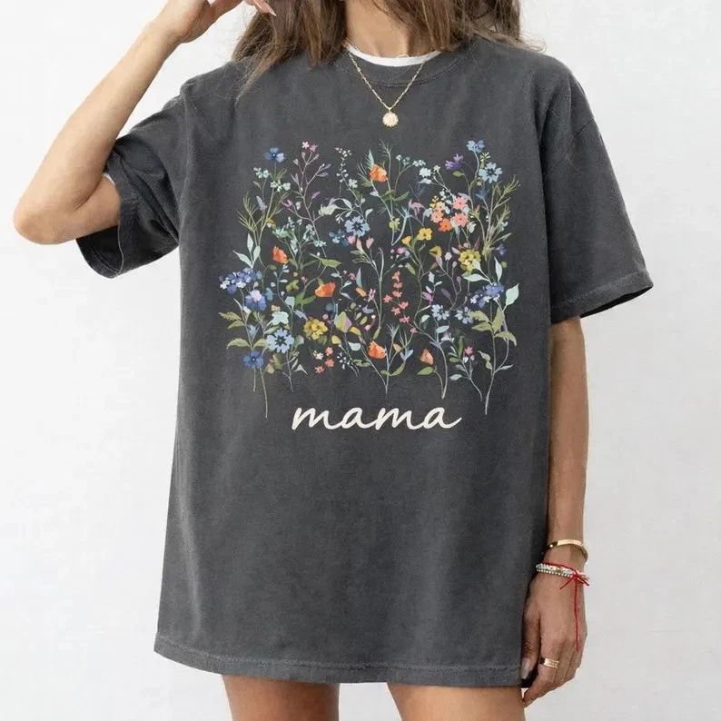 Women's Mama Flowers Boho Graphic Print Soft Cotton Comfort Tee Gift Unisex , , , Long Sleeve Tee
