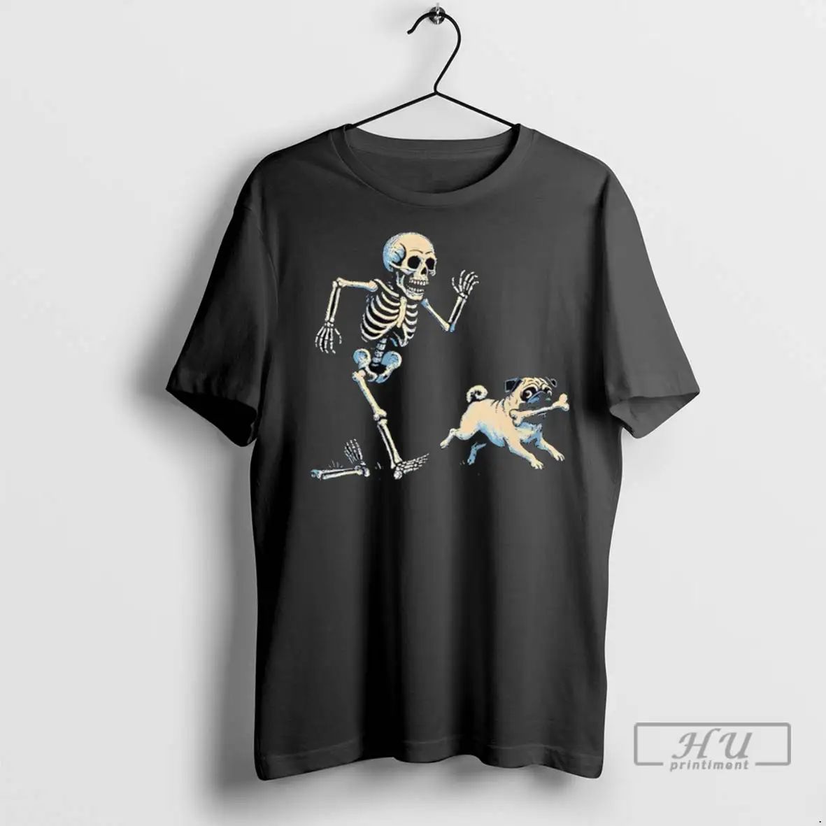 Officials Skeleton Chasing Pug Halloween Dog Mom Pug T Shirts Unisex , , , Long Sleeve Tee