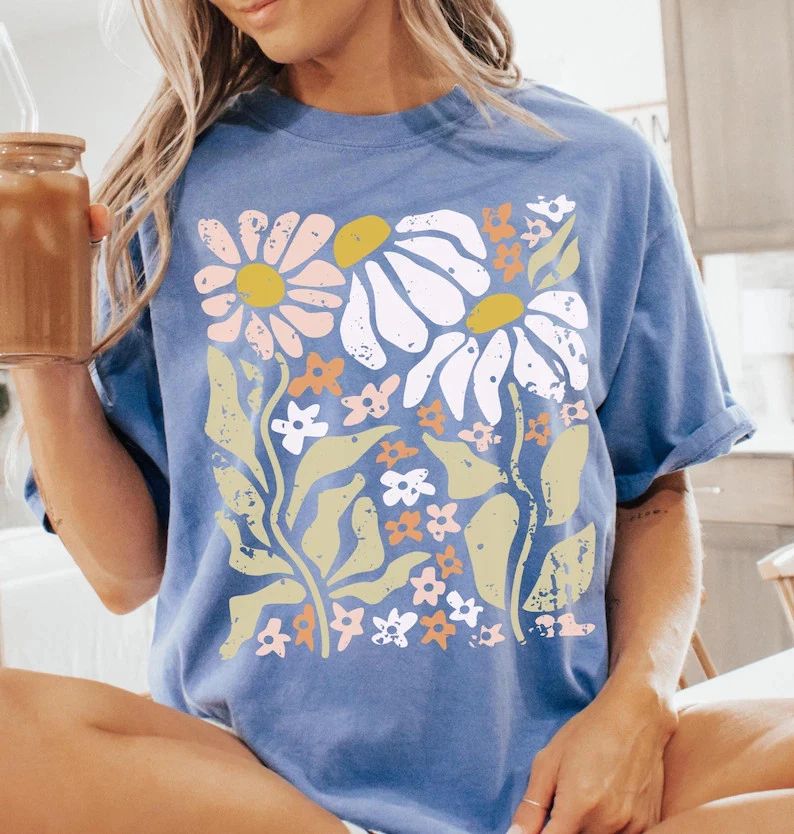 Boho Daisy Flower Comfort Tee Shirt Vintage Style Relaxed Fit Unisex , , , Long Sleeve Tee