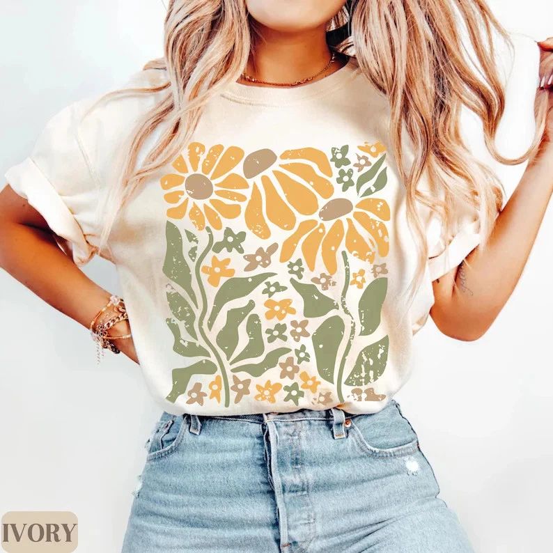 Boho Daisy Flower Comfort Tee Vintage Style Shirt Soft Casual Unisex , , , Long Sleeve Tee