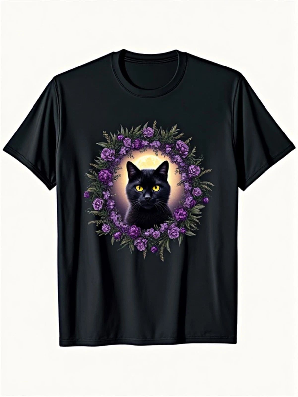 s & s Black Cat & Purple Lilac Moonlit Gothic Boho - 100% Unisex Casua Unisex , , , Long Sleeve Tee
