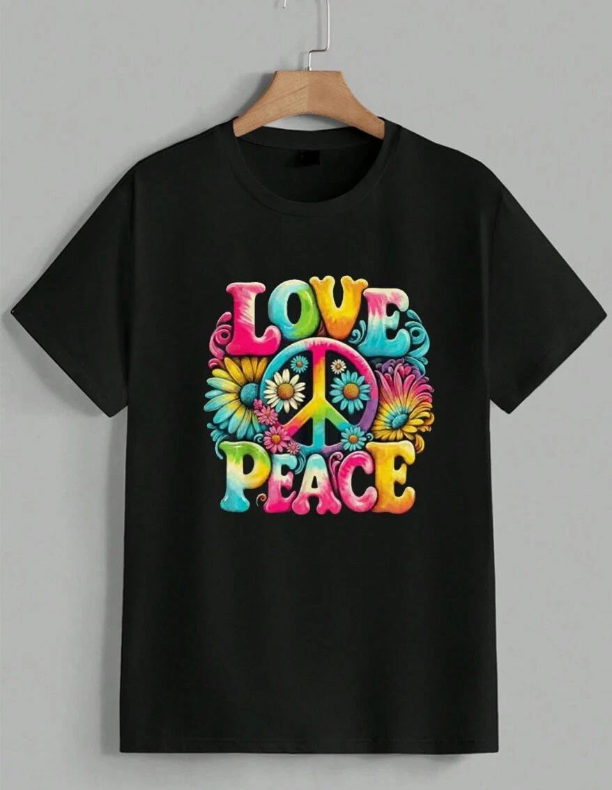 Love Peace Sign Graphic Retro Hippie Boho Flower Power Rainbow Unisex Unisex , , , Long Sleeve Tee