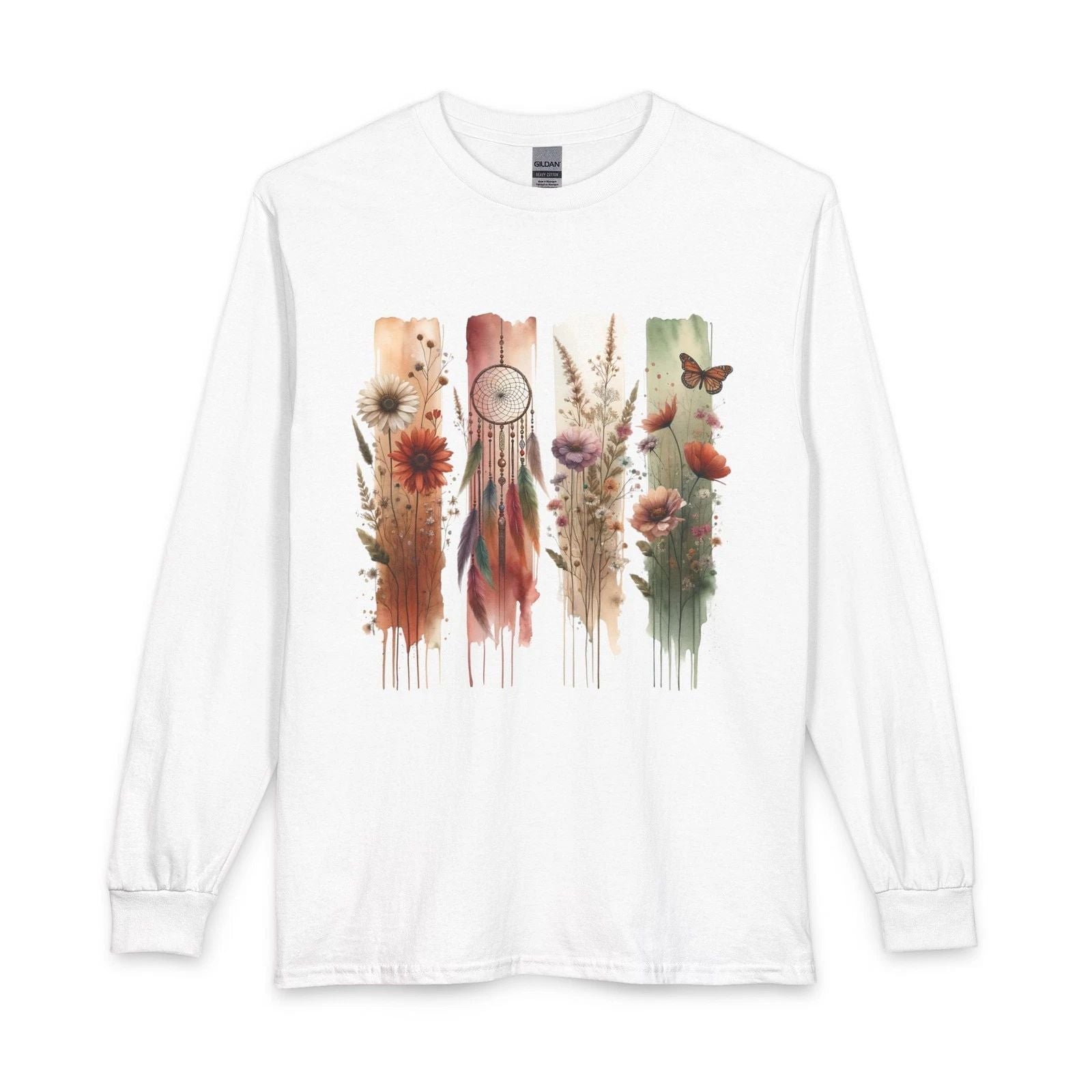 Boho Dreamcatcher Floral Print long sleeve shirt | Wildflowers, Butterflies Unisex , , , Long Sleeve Tee