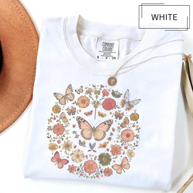 Watercolor Flowers Butterfly Boho Comfort Tee Graphic Shirt Nature Art Gift Unisex , , , Long Sleeve Tee