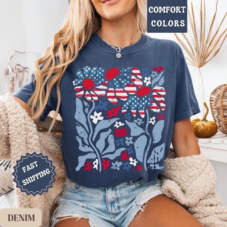 Boho Patriotic Daisy American Flag Comfort Tee USA Unisex , , , Long Sleeve Tee
