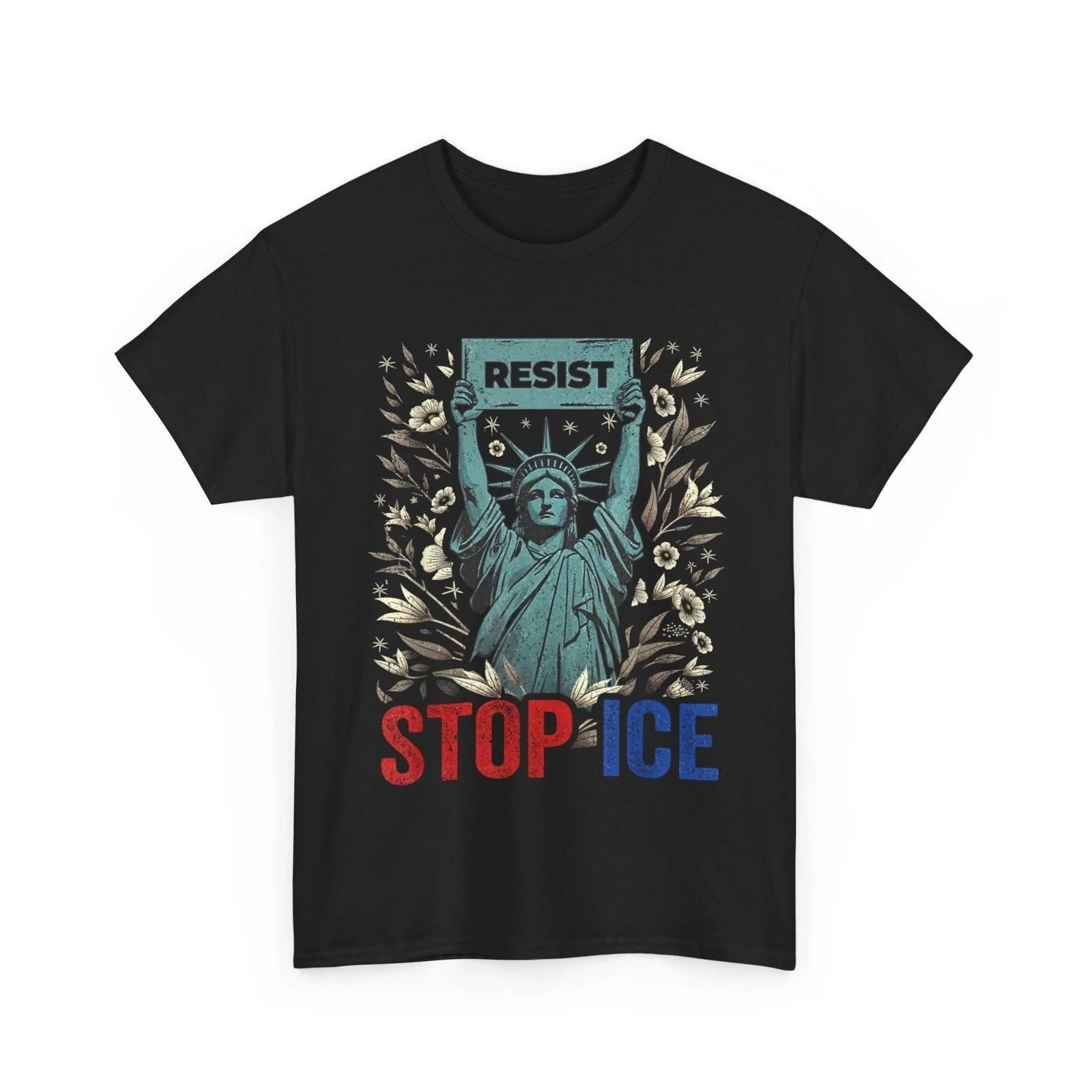 Stop ICE Funny Statue of Liberty Boho Floral Resist Retro Unisex , , , Long Sleeve Tee