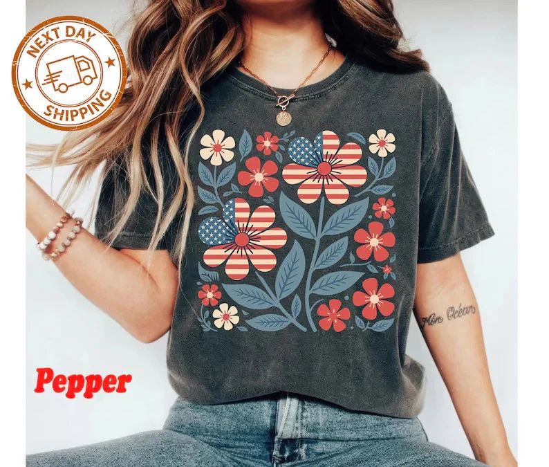 Boho Patriotic Daisy American Flag Comfort Tee Shirt Womens Mens Gift Unisex , , , Long Sleeve Tee