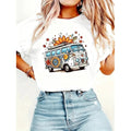 Women s Vintage Hippie Van Floral Boho Retro Bus White Black Casual Top Unisex , , , Long Sleeve Tee
