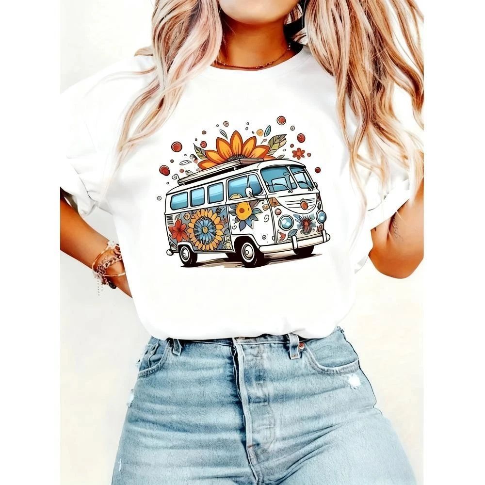 Women s Vintage Hippie Van Floral Boho Retro Bus White Black Casual Top Unisex , , , Long Sleeve Tee