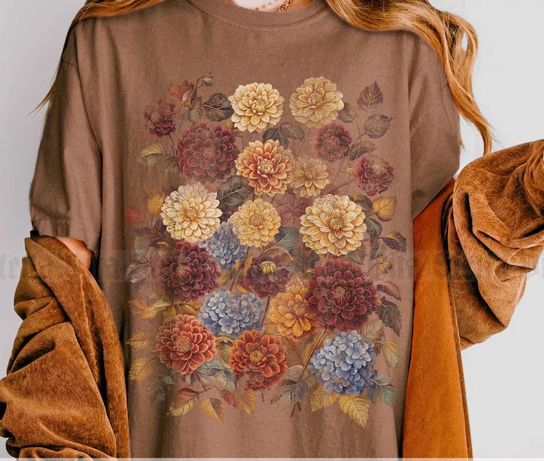 Boho Fall Flower Dahlia Floral Comfort Tee Shirt Women Unisex , , , Long Sleeve Tee