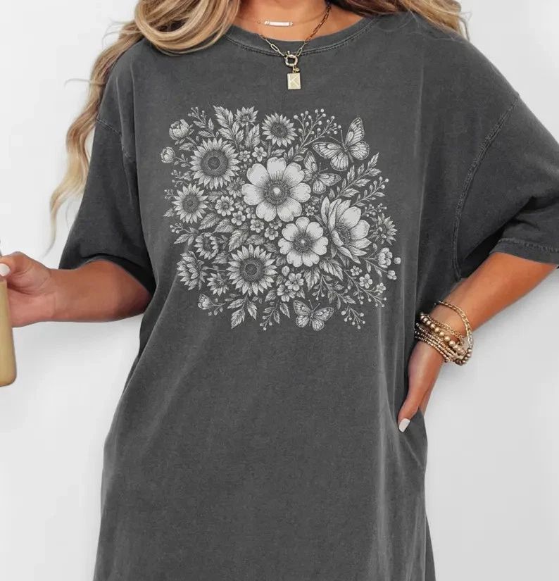 Pressed Flowers Boho Comfort Tee Floral Shirt Unisex , , , Long Sleeve Tee