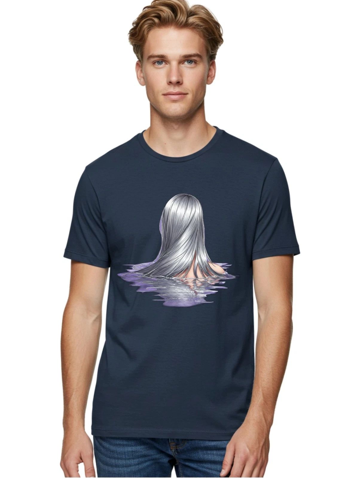 Silver-Hair-In-Water Mens Graphic Tee, 100% Cotton, Casual Summer Wear Unisex , , , Long Sleeve Tee