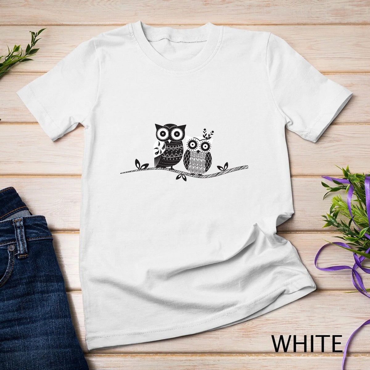 Boho Bohemian black and white Vintage Owls on branch Unisex Unisex , , , Long Sleeve Tee