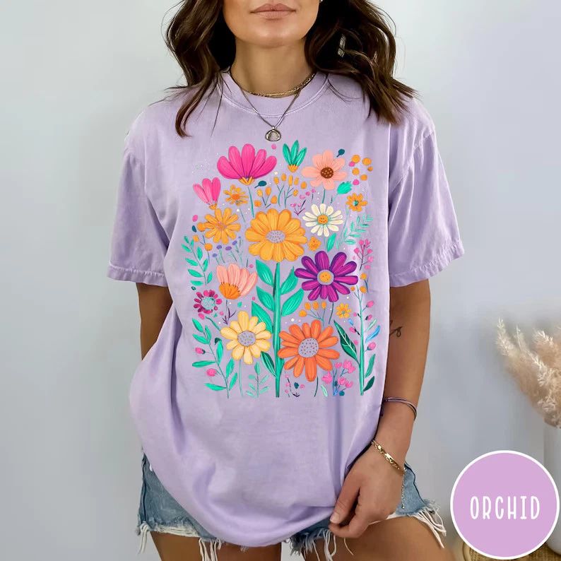 Boho Summer Floral Comfort Tee Shirt Relaxed Fit Soft Casual Unisex , , , Long Sleeve Tee