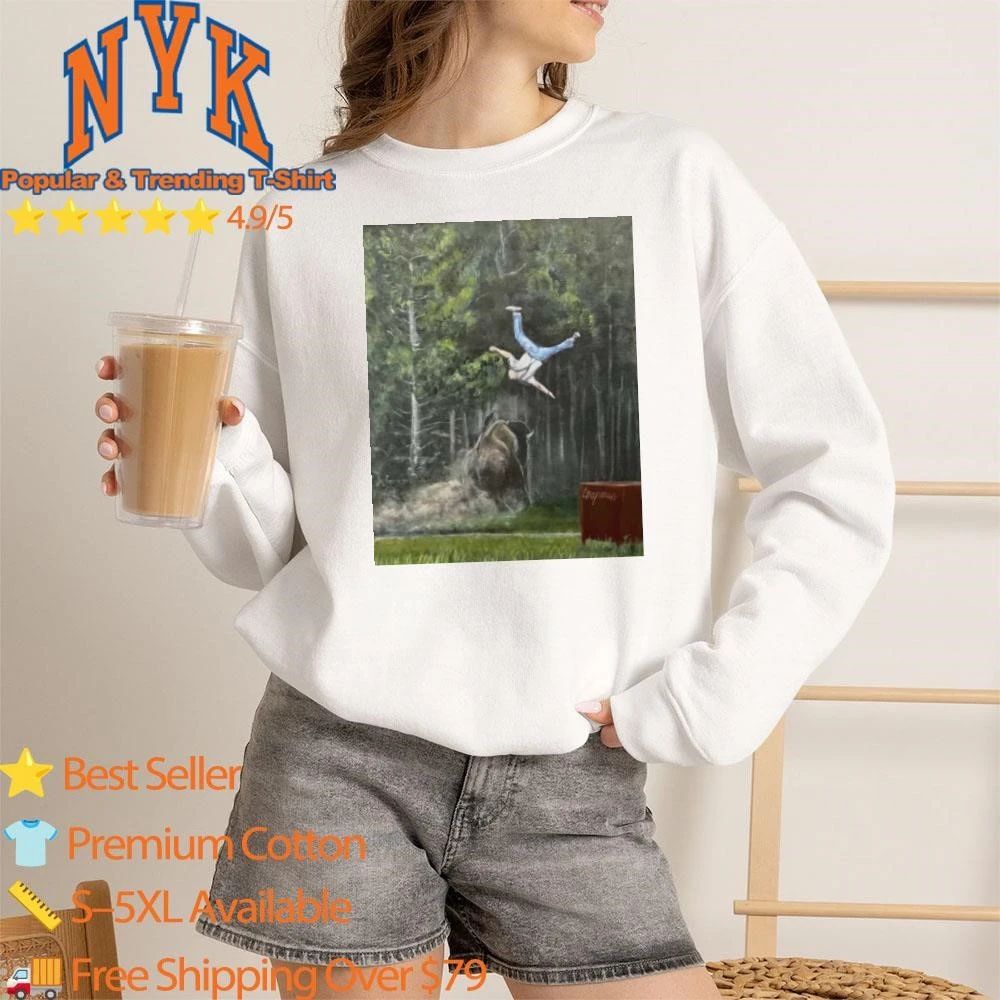 Man Flying Flipped By Charging Bison Painting Graphic Shirt