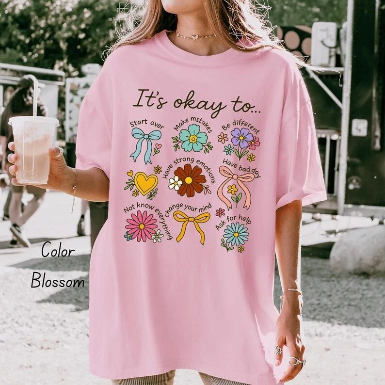 Its Okay Boho Floral Mental Health Comfort Colors Unisex , , , Long Sleeve Tee