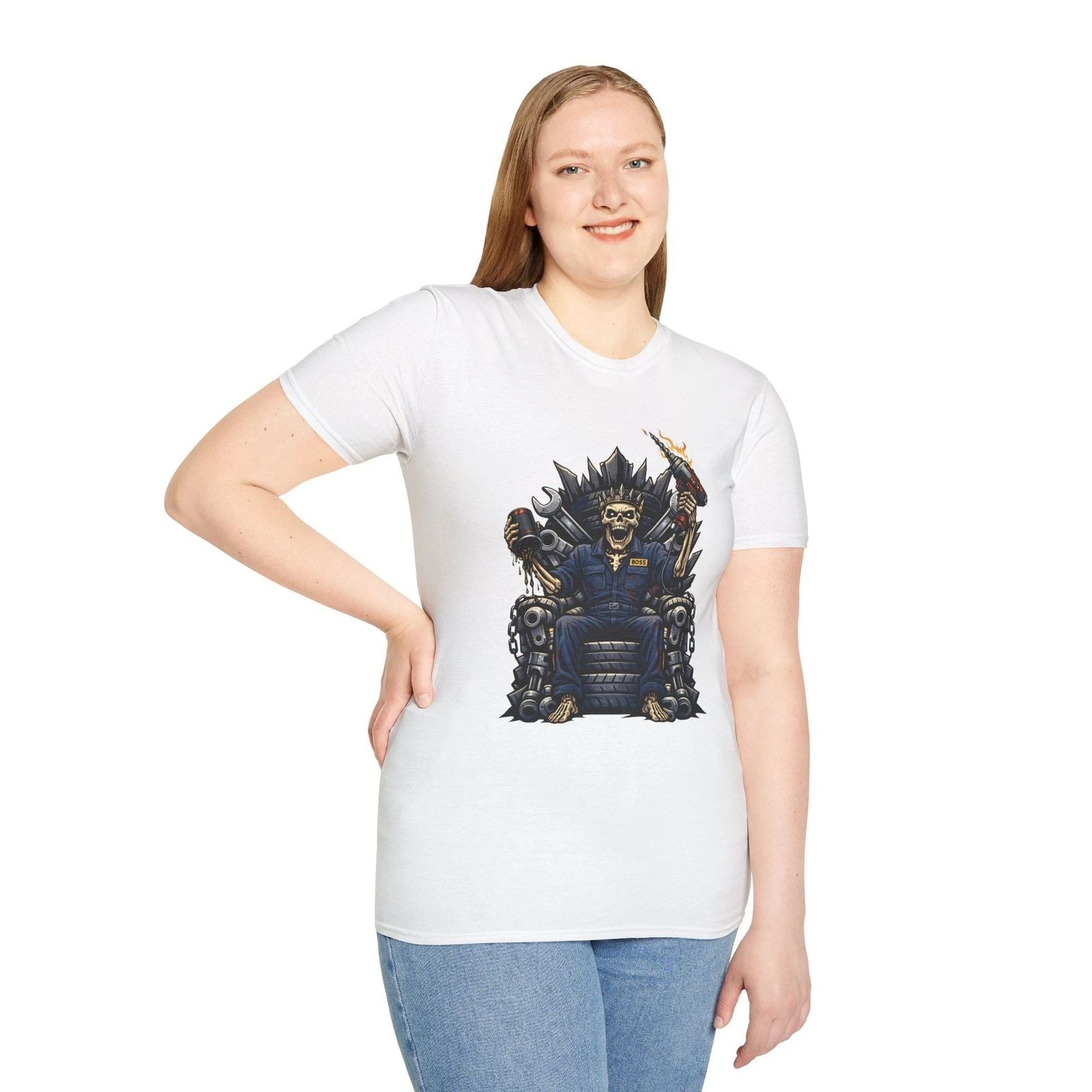 Skeleton Mechanic Throne Garage Dark Fantasy Skull King Unisex Softstyle Unisex , , , Long Sleeve Tee