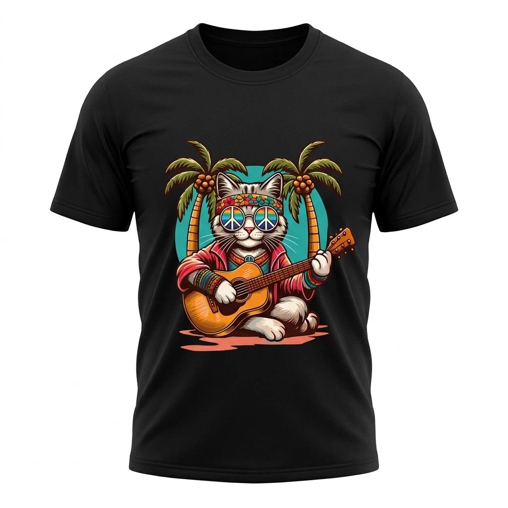 Hippie Cat Guitar Peace Sunglasses Double Sided Summer Boho Men Tee Unisex , , , Long Sleeve Tee
