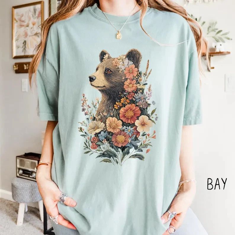 Boho Floral Bear Graphic Comfort Tee Unisex , , , Long Sleeve Tee
