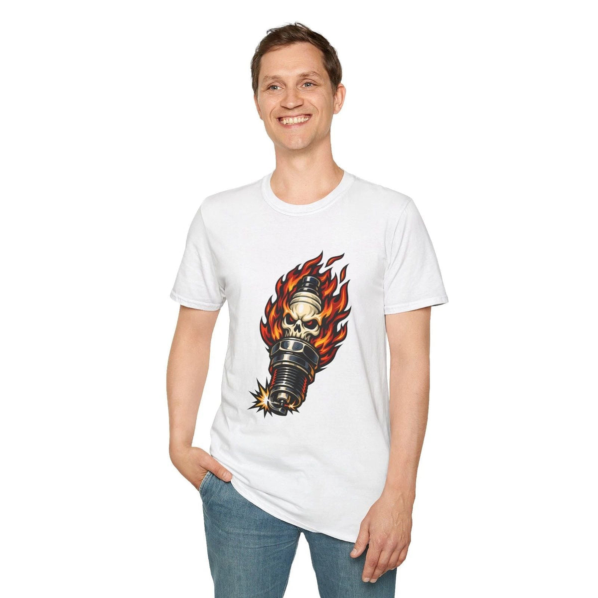 Flame Spark Plug Skull Mechanic Ignition Fantasy Garage Unisex Softstyle Unisex , , , Long Sleeve Tee