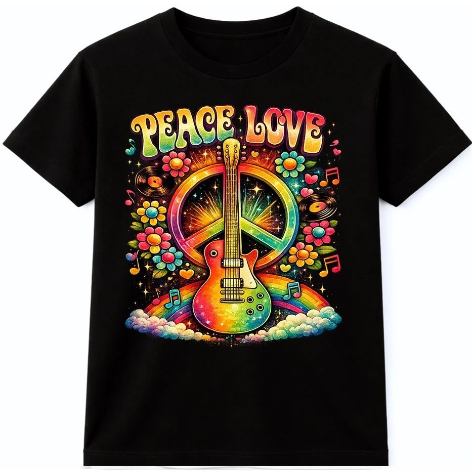 Music Festival T Shirt Peace Love Guitar Retro Hippie Boho Graphic Tee Unisex , , , Long Sleeve Tee