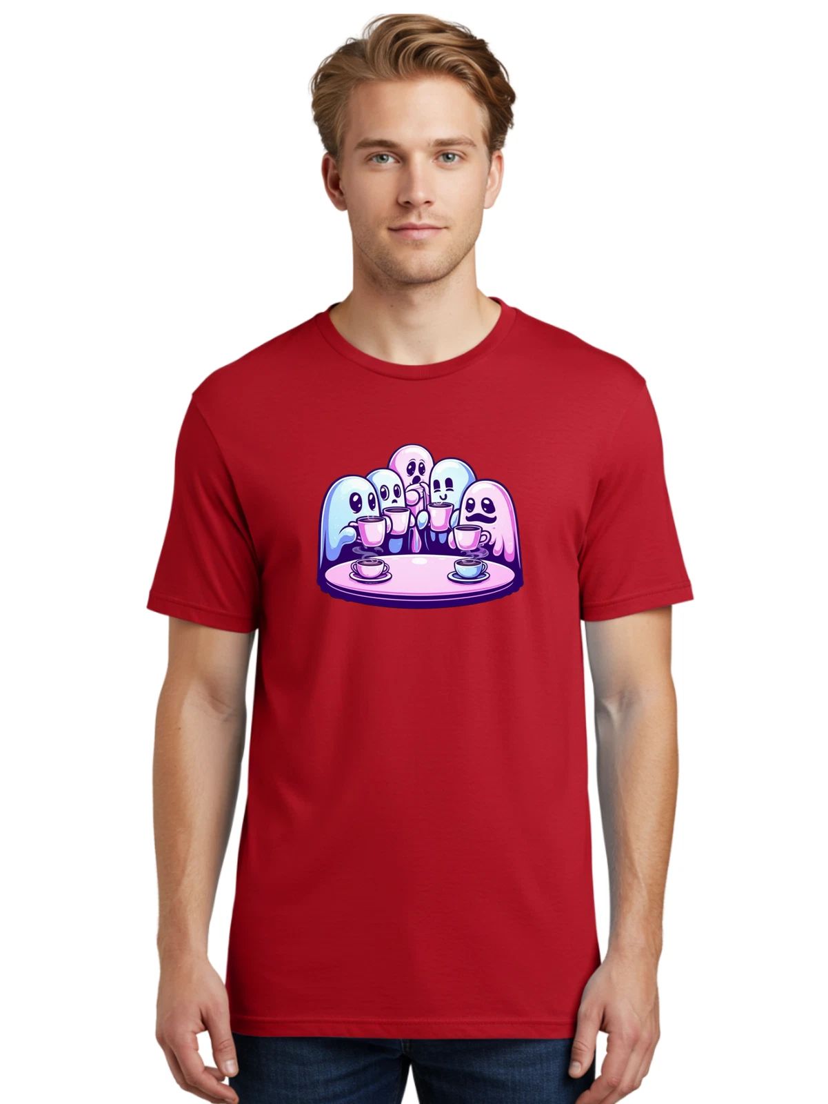 Ghosts-Drinking-Coffee Mens Graphic Tee, 100% Cotton, Casual Summer Wear Unisex , , , Long Sleeve Tee