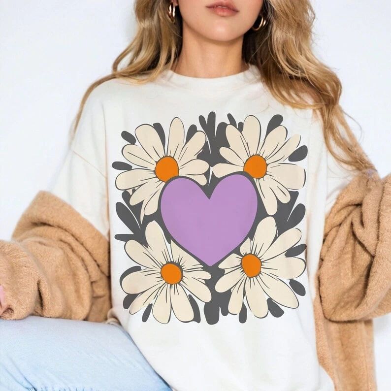 Boho Floral Valentine , Soft Flowers and Heart Script Graphic Tee Unisex , , , Long Sleeve Tee