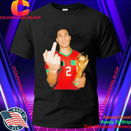 Achraf Hakimi Morocco World Cup middle finger and trophy shirt