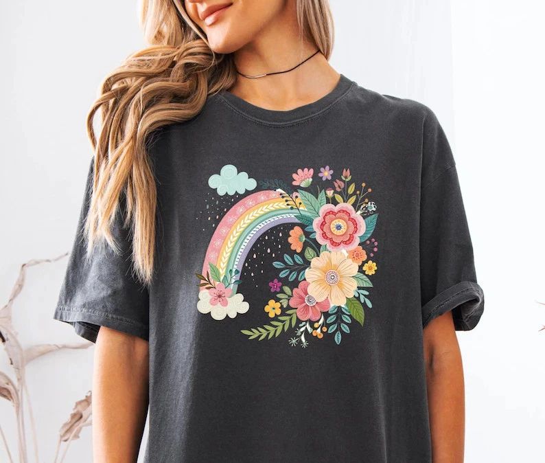 Boho Rainbow Floral Comfort Tee Shirt Aesthetic Vintage Style Gift Unisex , , , Long Sleeve Tee