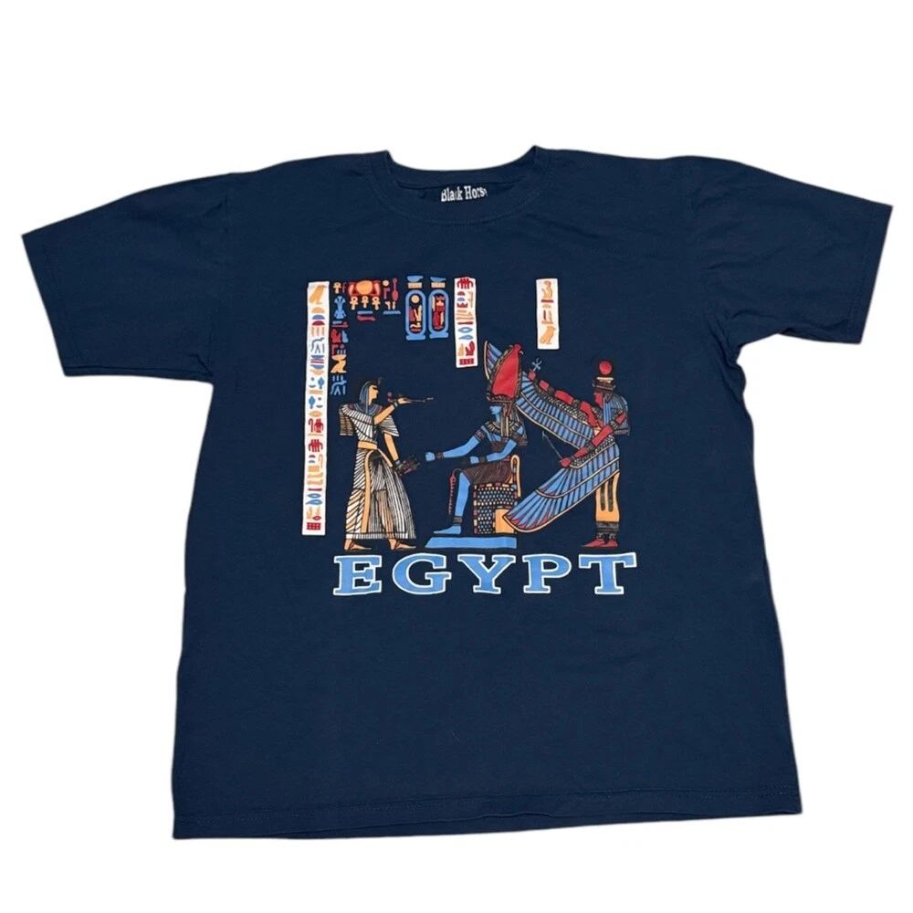 Black Horse Mens Egypt Graphic Tee Navy Blue Hieroglyphics Cotton Shirt Small Unisex , , , Long Sleeve Tee