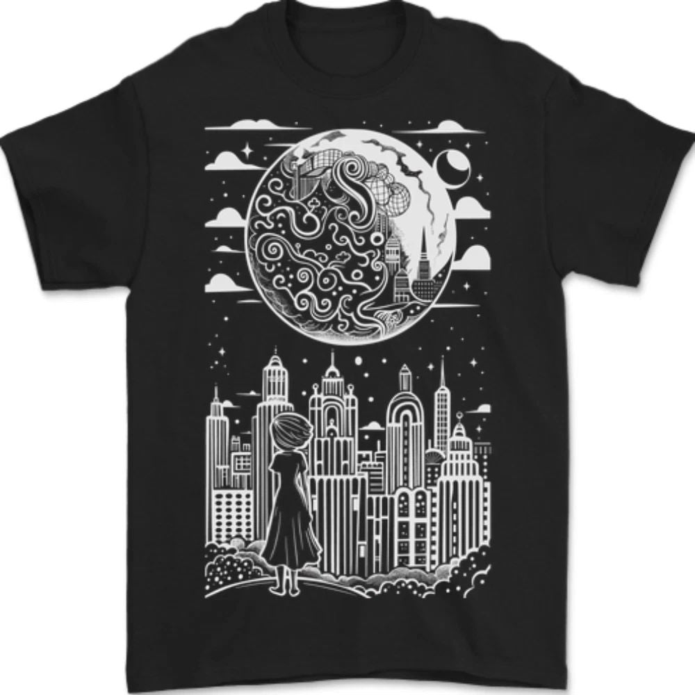 Fantasy City Black and White City Anime Mens 100% Cotton Unisex , , , Long Sleeve Tee