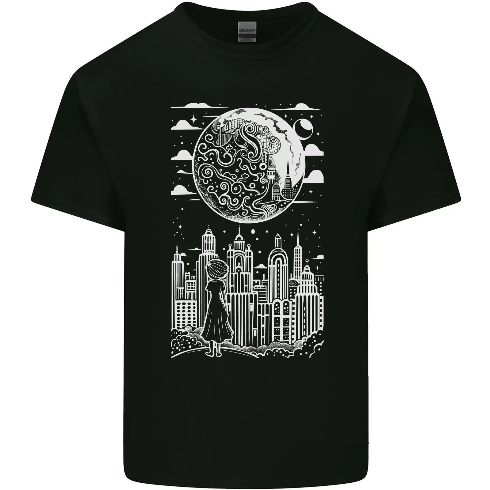 Fantasy City Black and White city Anime Mens Light Cotton Unisex , , , Long Sleeve Tee