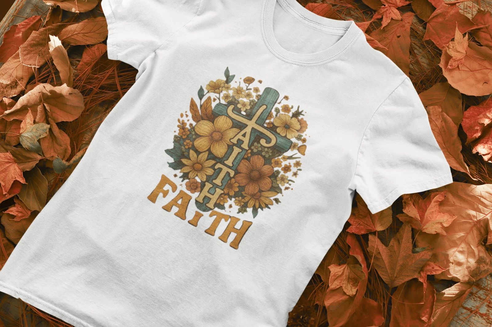 aith Cross Floral Retro Christian Graphic Tee Boho Inspirational A100 Unisex , , , Long Sleeve Tee